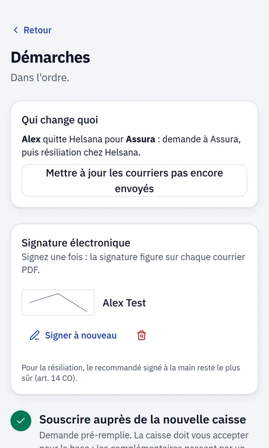 Écran des démarches : qui change de caisse, signature et courriers à envoyer dans l'ordre.
