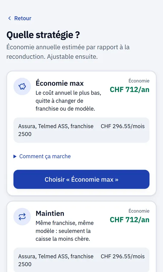 Écran de choix de la stratégie : économie maximale ou même contrat chez une caisse moins chère, avec l'économie annuelle.